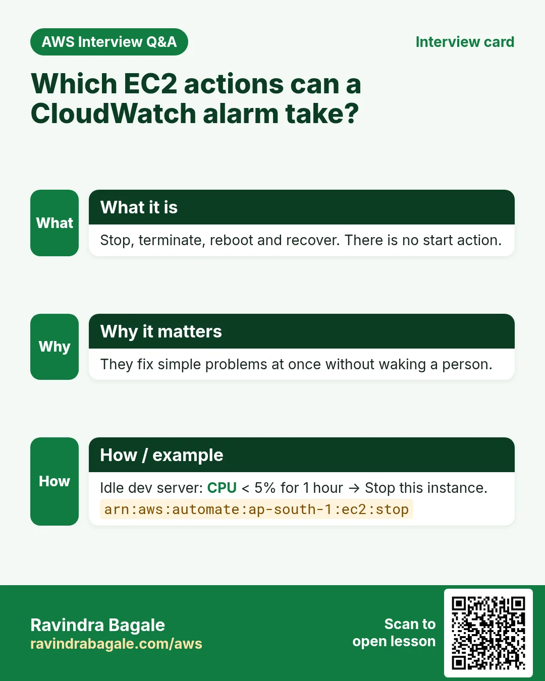 Interview card: Which EC2 actions can a CloudWatch alarm take?. Stop, terminate, reboot and recover. There is no start action. They fix simple problems at once without waking a person. Idle dev server: CPU < 5% for 1 hour → Stop this instance.