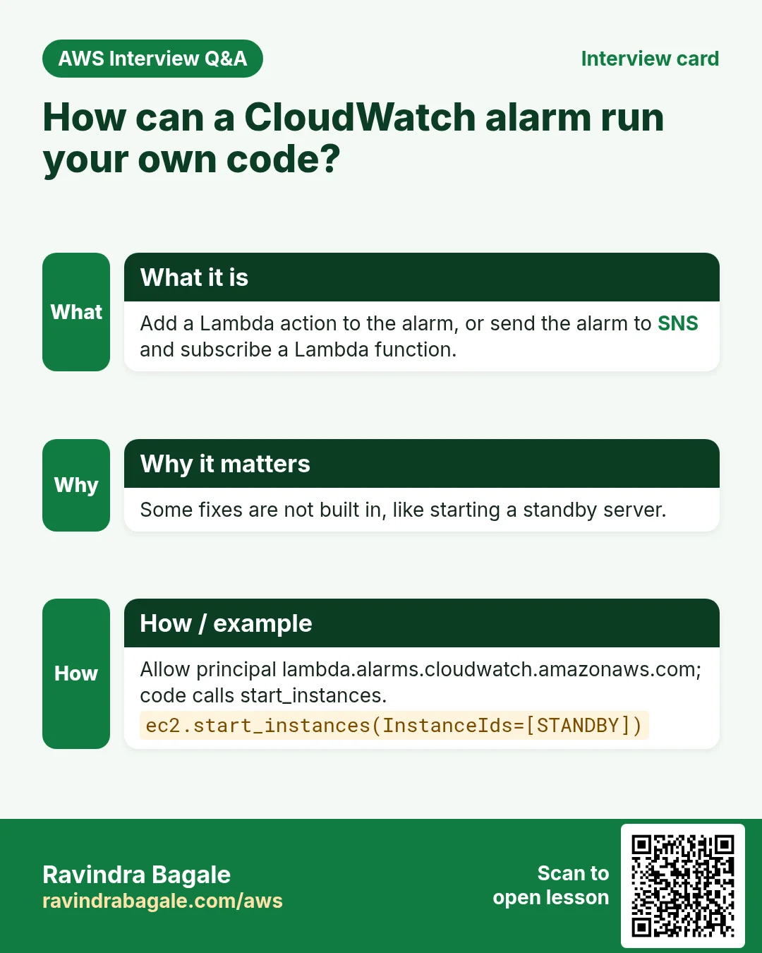 Interview card: How can a CloudWatch alarm run your own code?. Add a Lambda action to the alarm, or send the alarm to SNS and subscribe a Lambda function. Some fixes are not built in, like starting a standby server. Allow principal lambda.alarms.cloudwatch.amazonaws.com; code calls start_instances.