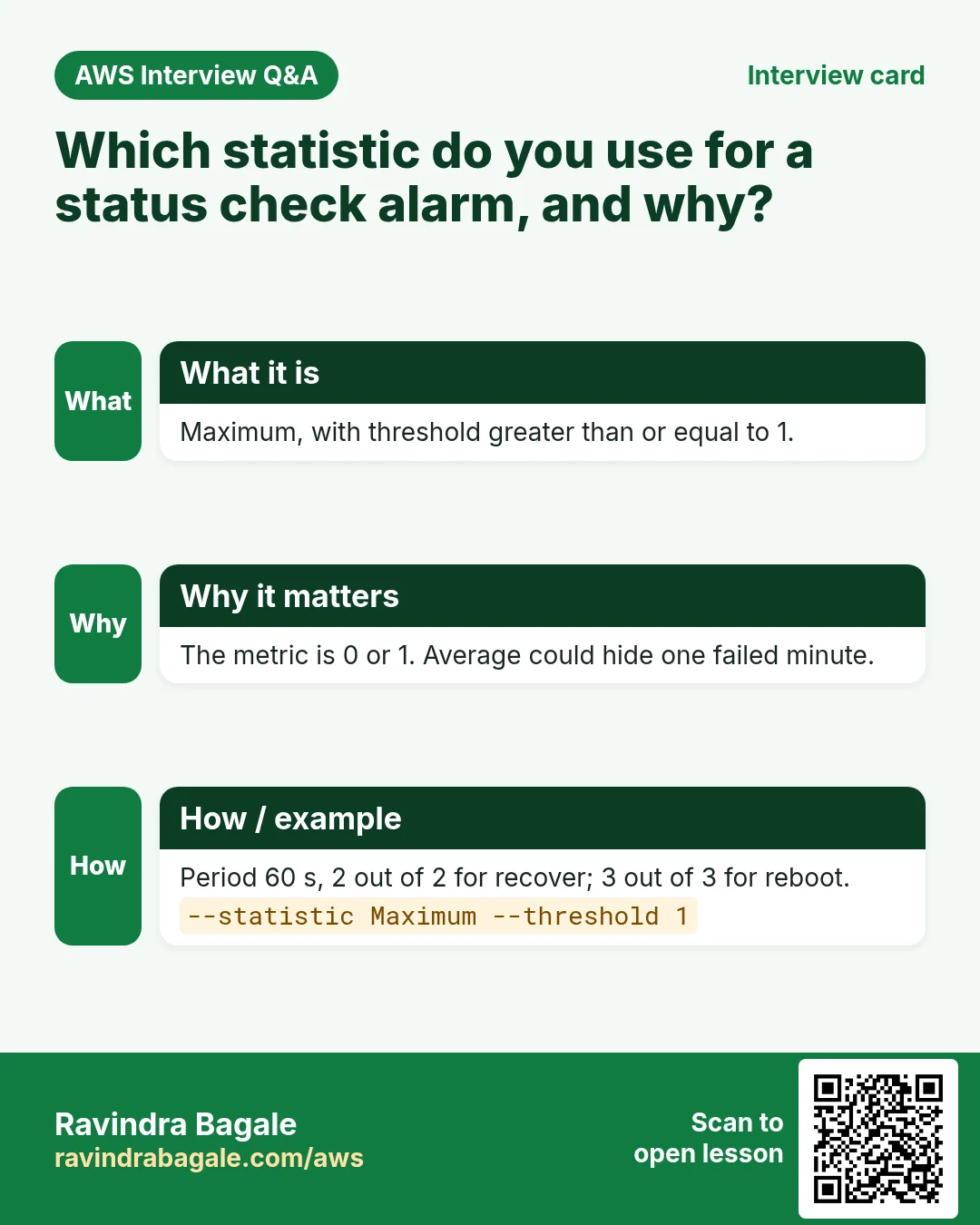 Interview card: Which statistic do you use for a status check alarm, and why?. Maximum, with threshold greater than or equal to 1. The metric is 0 or 1. Average could hide one failed minute. Period 60 s, 2 out of 2 for recover; 3 out of 3 for reboot.
