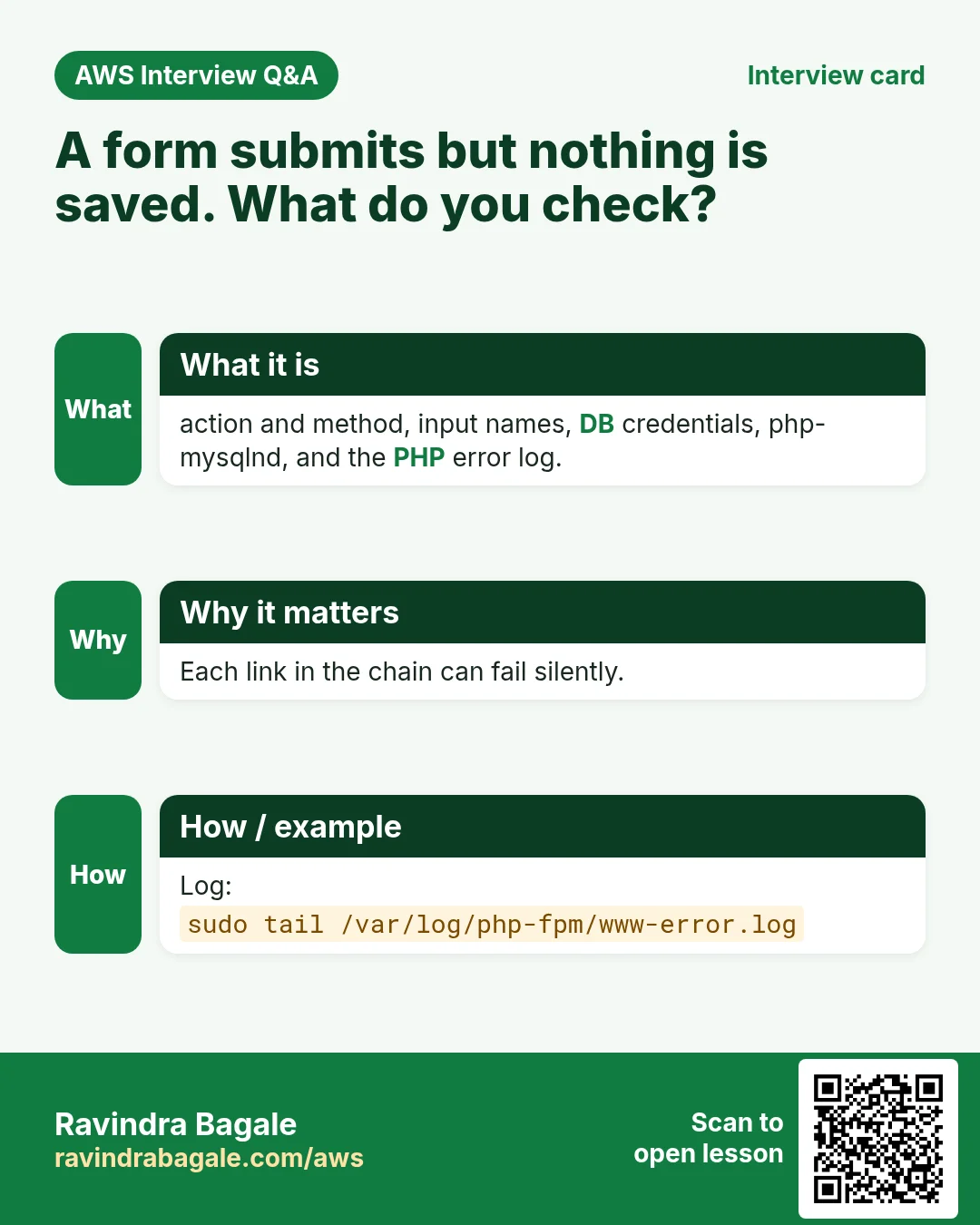 Interview card: A form submits but nothing is saved. What do you check?. action and method, input names, DB credentials, php-mysqlnd, and the PHP error log. Each link in the chain can fail silently. Log: