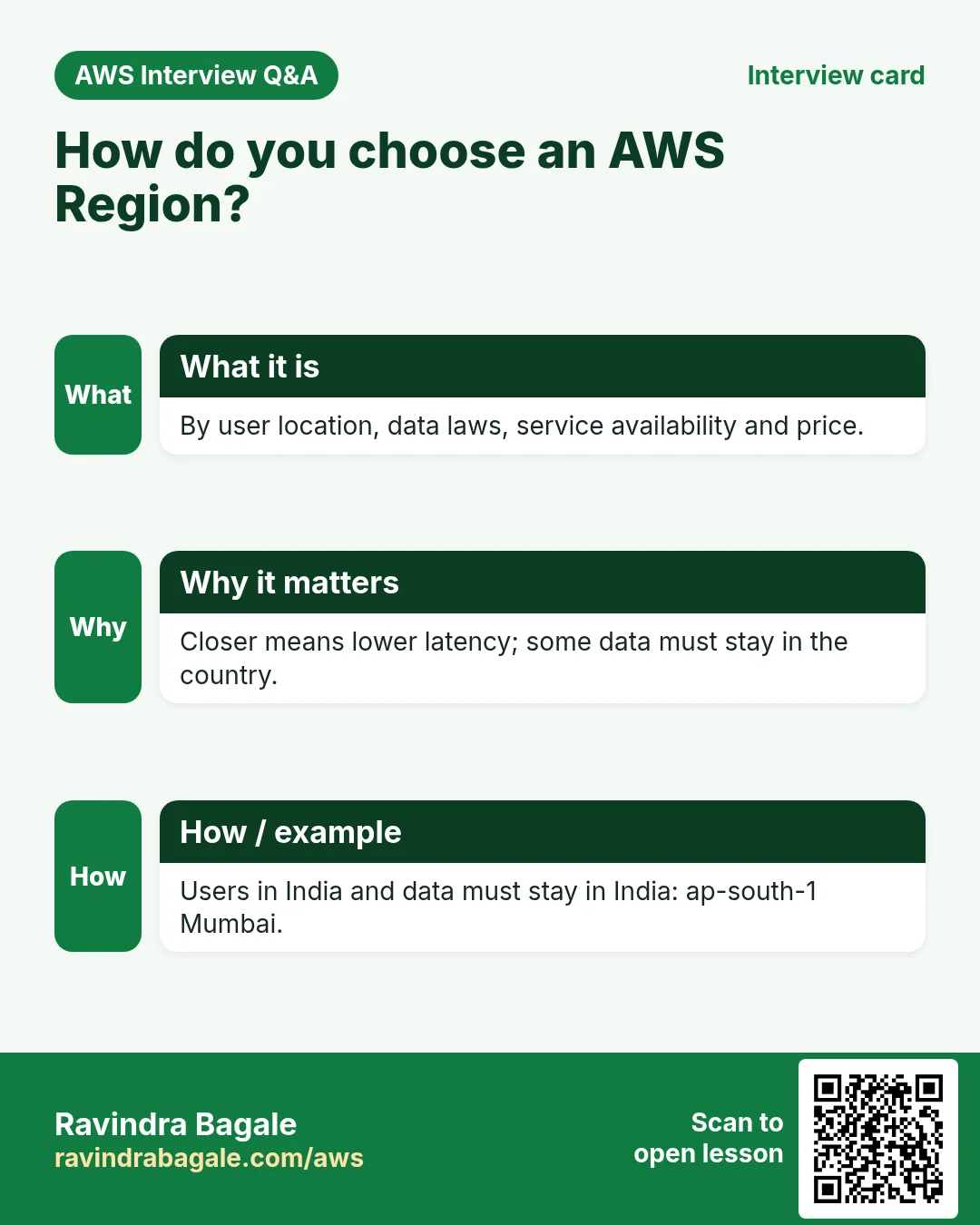Interview card: How do you choose an AWS Region?. By user location, data laws, service availability and price. Closer means lower latency; some data must stay in the country. Users in India and data must stay in India: ap-south-1 Mumbai.