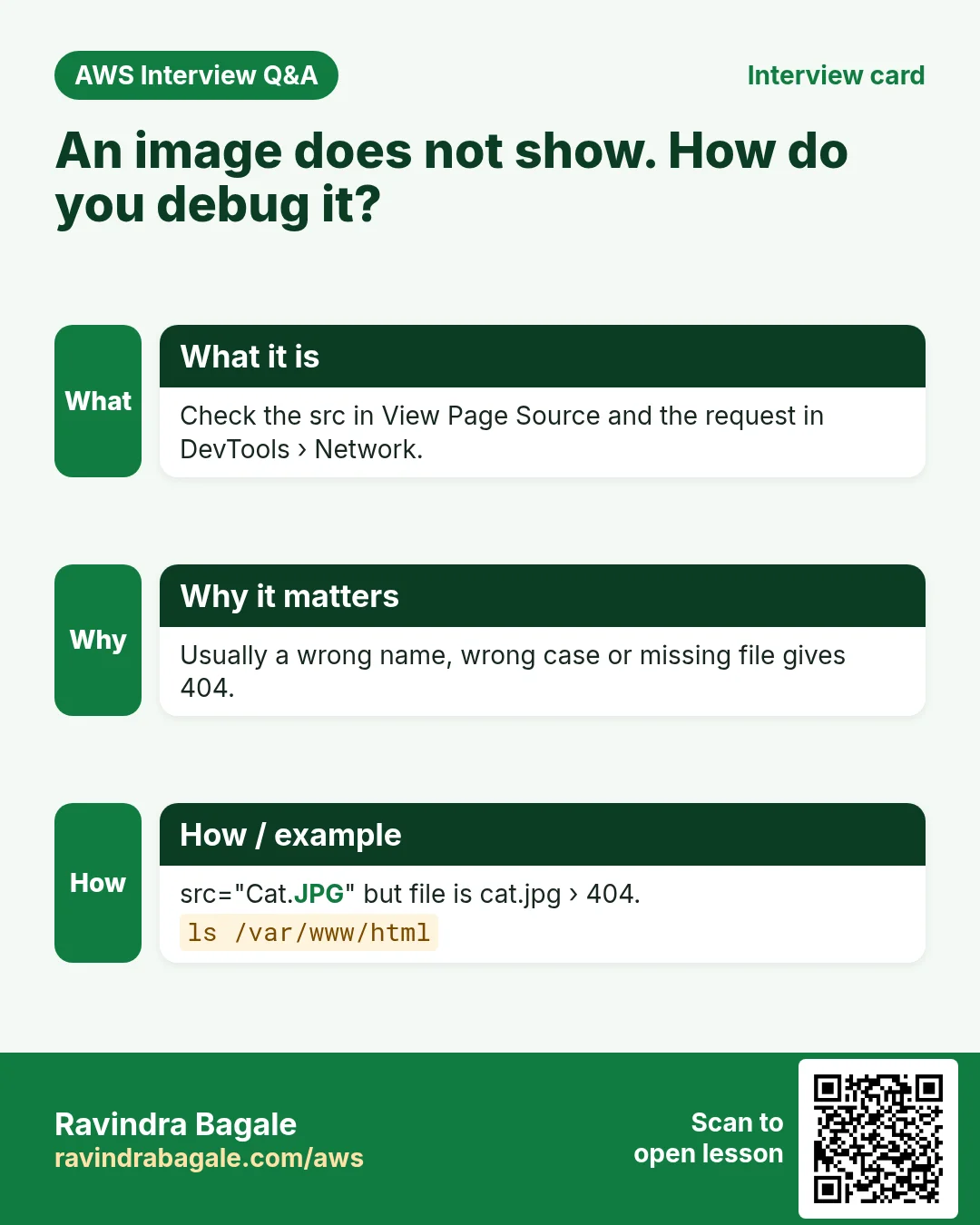 Interview card: An image does not show. How do you debug it?. Check the src in View Page Source and the request in DevTools › Network. Usually a wrong name, wrong case or missing file gives 404. src="Cat.JPG" but file is cat.jpg › 404.