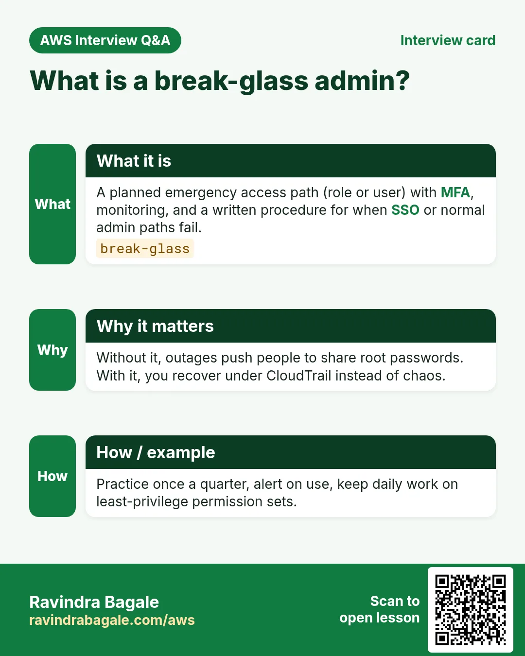 Interview card: What is a break-glass admin?. A planned emergency access path (role or user) with MFA, monitoring, and a written procedure for when SSO or normal admin paths fail. Without it, outages push people to share root passwords. With it, you recover under CloudTrail instead of chaos. Practice once a quarter, alert on use, keep daily work on least-privilege permission sets.