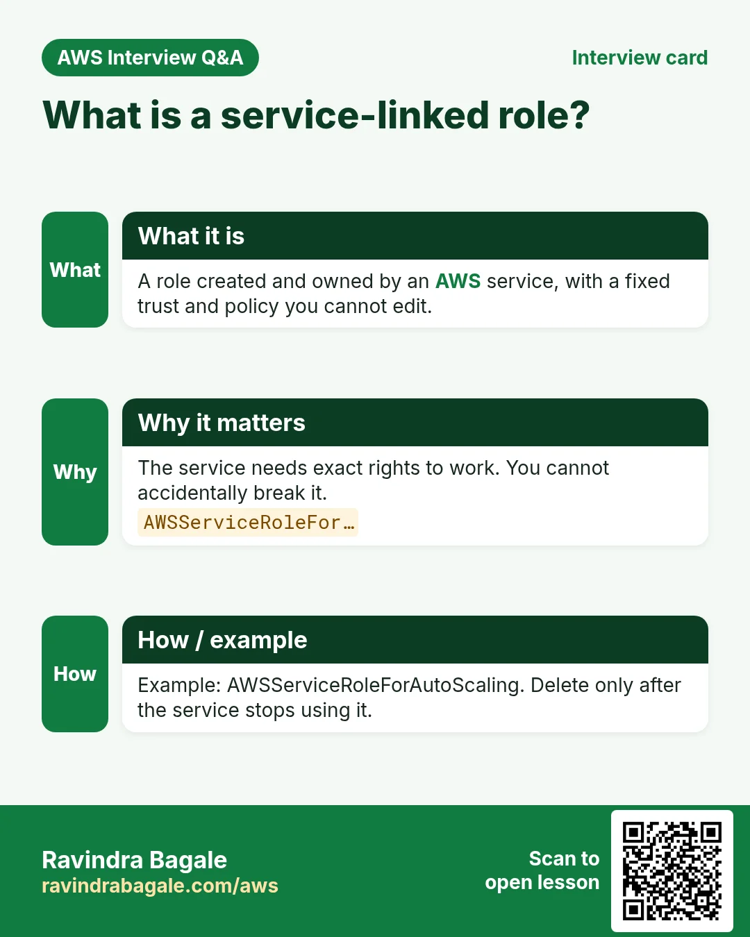What is a service-linked role?. A role created and owned by an AWS service, with a fixed trust and policy you cannot edit. The service needs exact rights to work. You cannot accidentally break it. Example: AWSServiceRoleForAutoScaling. Delete only after the service stops using it.