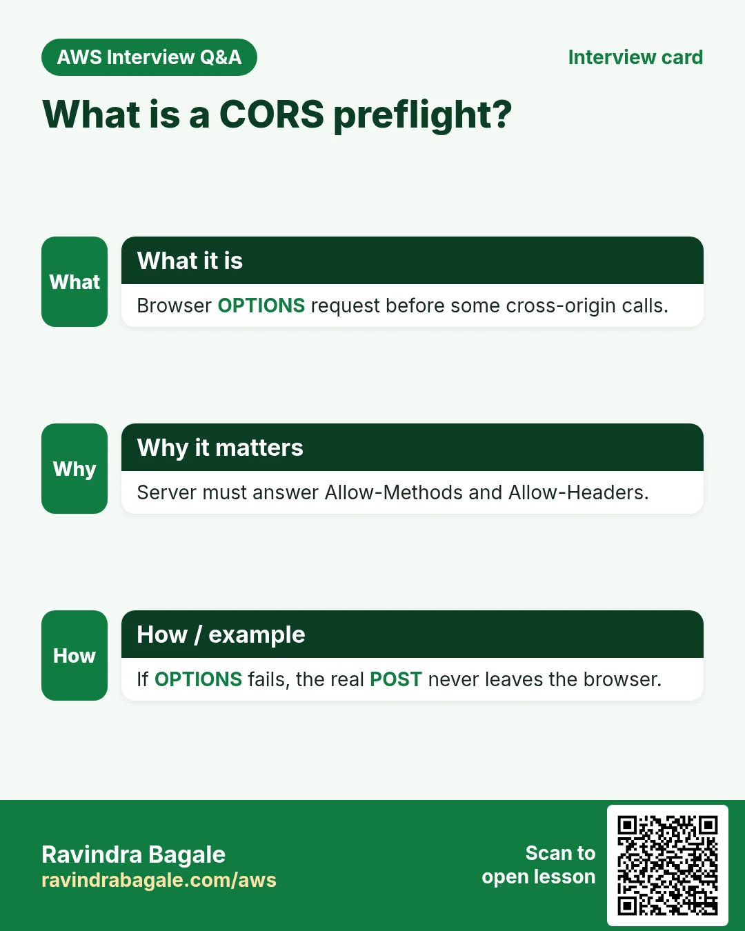 Interview card: What is a CORS preflight?. Browser OPTIONS request before some cross-origin calls. Server must answer Allow-Methods and Allow-Headers. If OPTIONS fails, the real POST never leaves the browser.