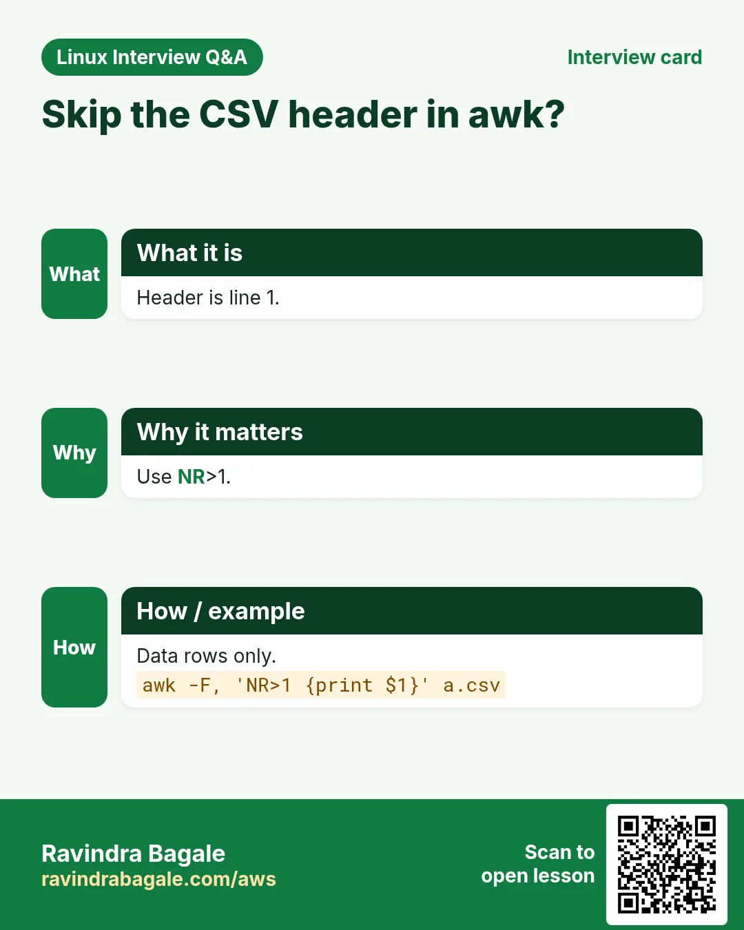 Skip the CSV header in awk?. Header is line 1. Use NR>1. Data rows only.