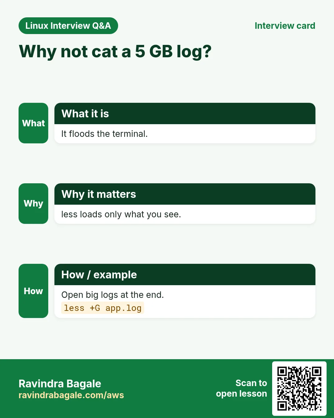 Why not cat a 5 GB log?. It floods the terminal. less loads only what you see. Open big logs at the end.
