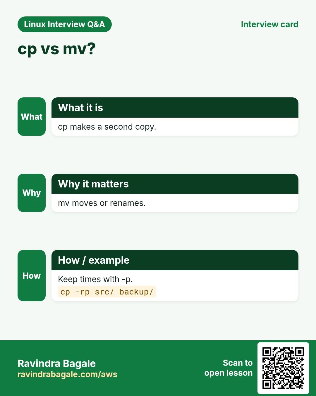 cp vs mv?. cp makes a second copy. mv moves or renames. Keep times with -p.