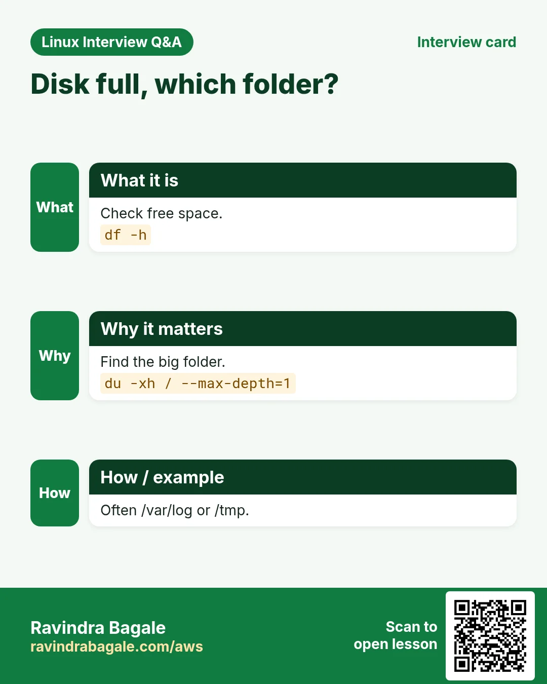 Disk full, which folder?. Check free space. Find the big folder. Often /var/log or /tmp.