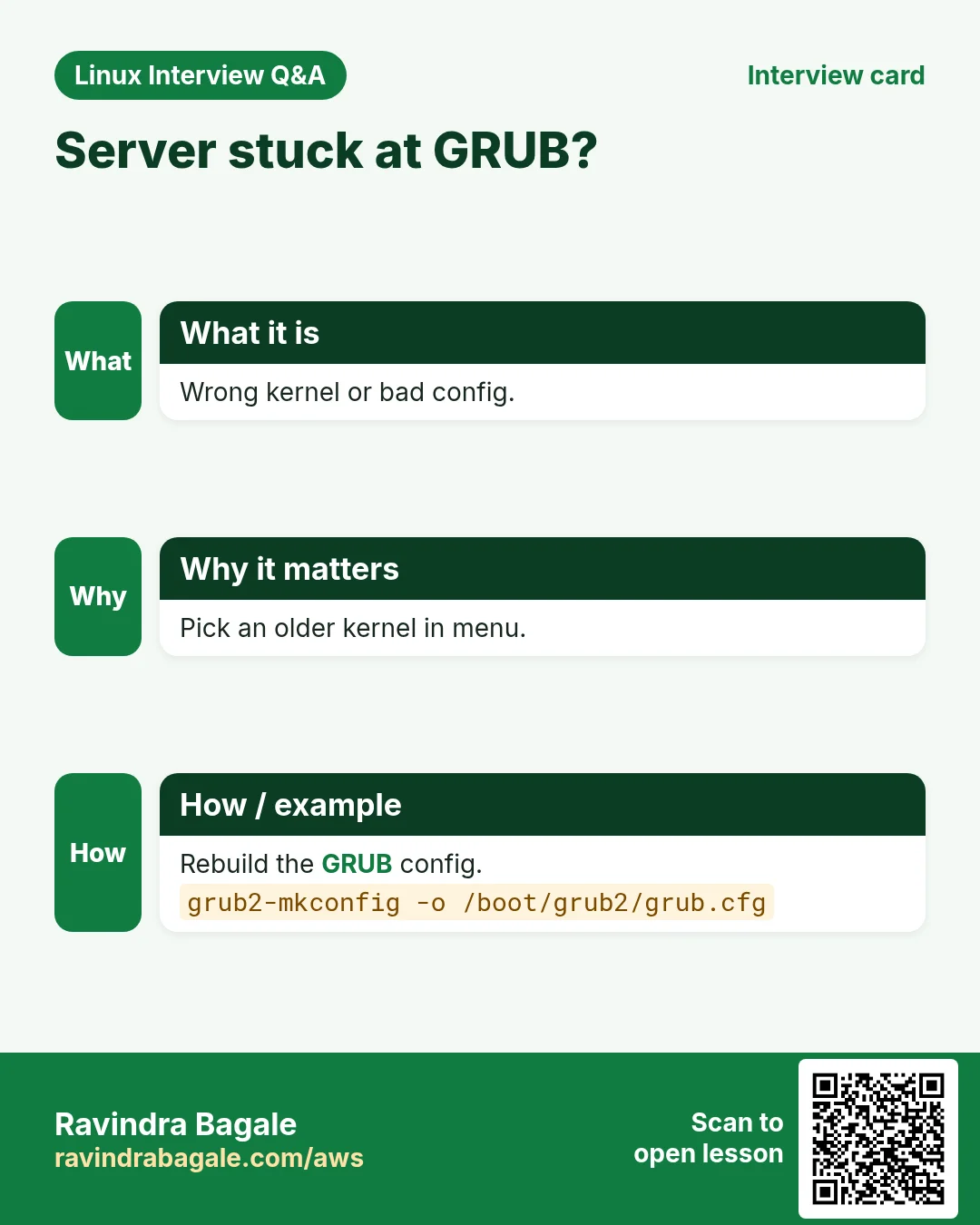 Server stuck at GRUB?. Wrong kernel or bad config. Pick an older kernel in menu. Rebuild the GRUB config.
