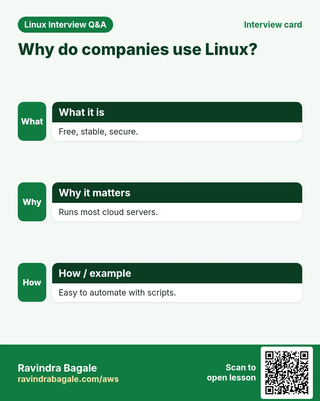 Why do companies use Linux?. Free, stable, secure. Runs most cloud servers. Easy to automate with scripts.