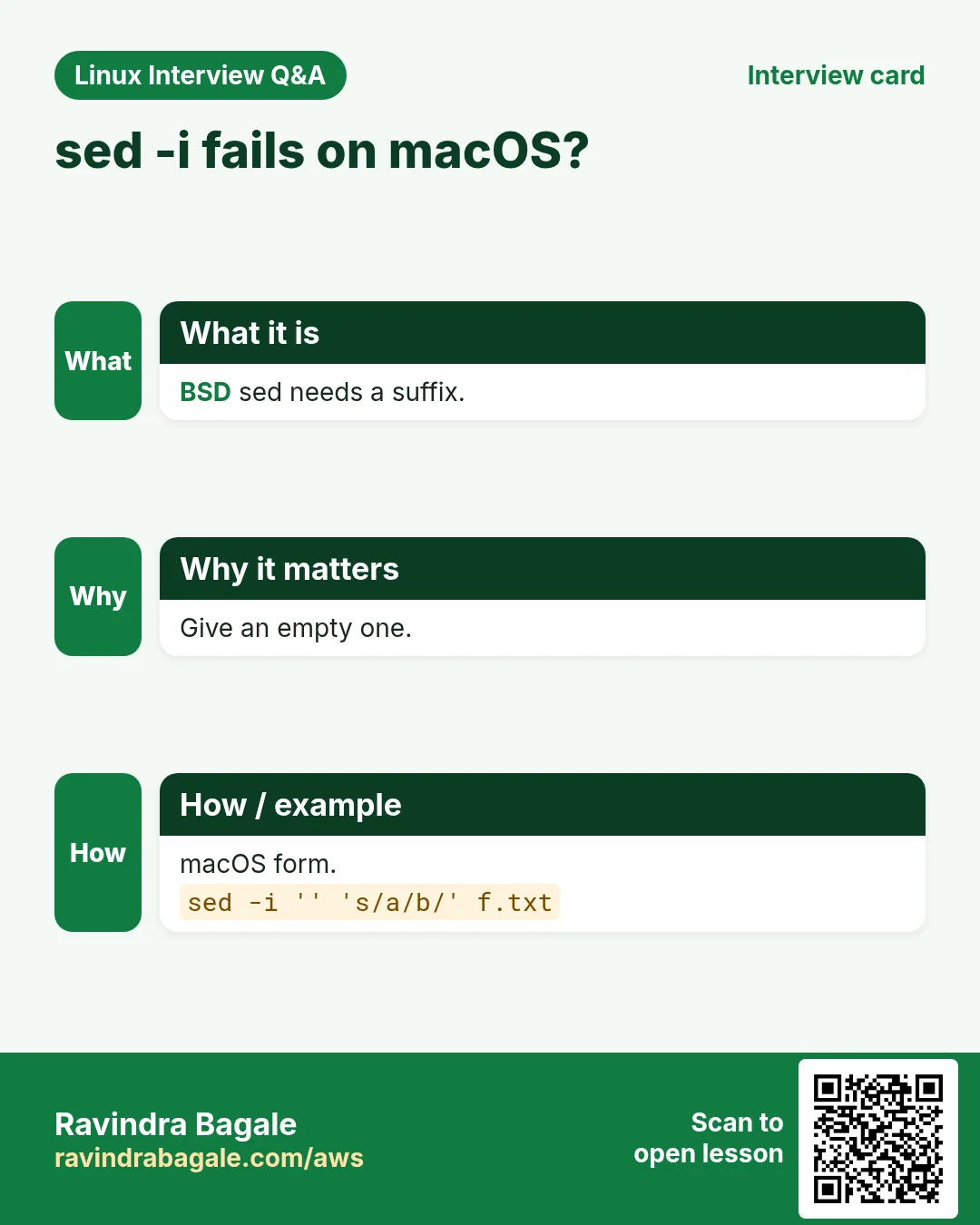 sed -i fails on macOS?. BSD sed needs a suffix. Give an empty one. macOS form.
