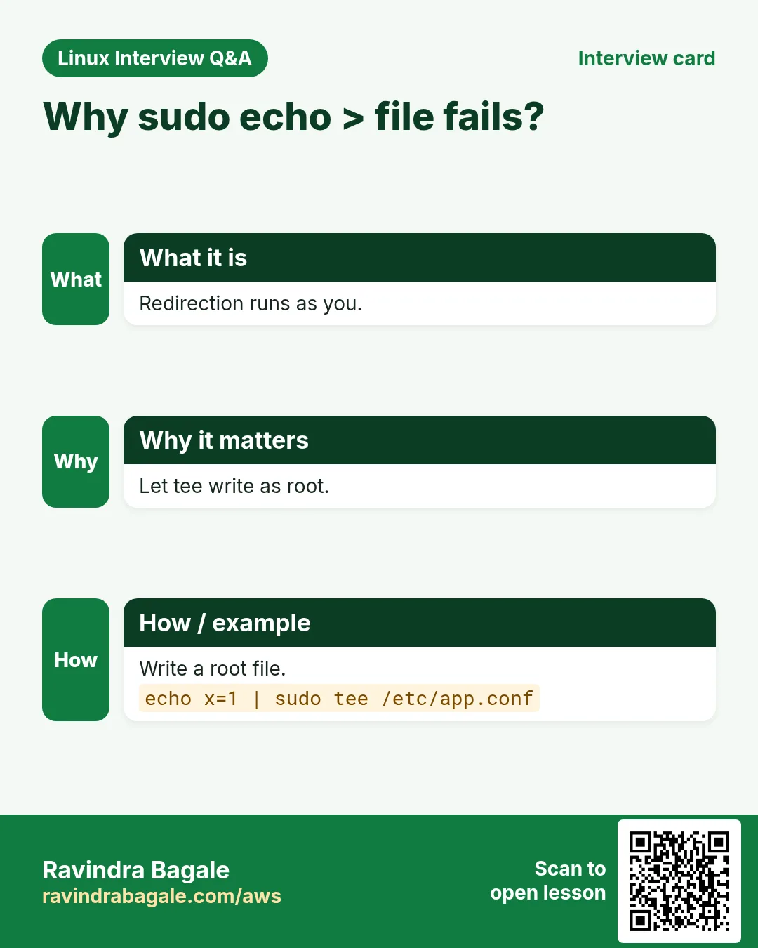 Why sudo echo > file fails?. Redirection runs as you. Let tee write as root. Write a root file.
