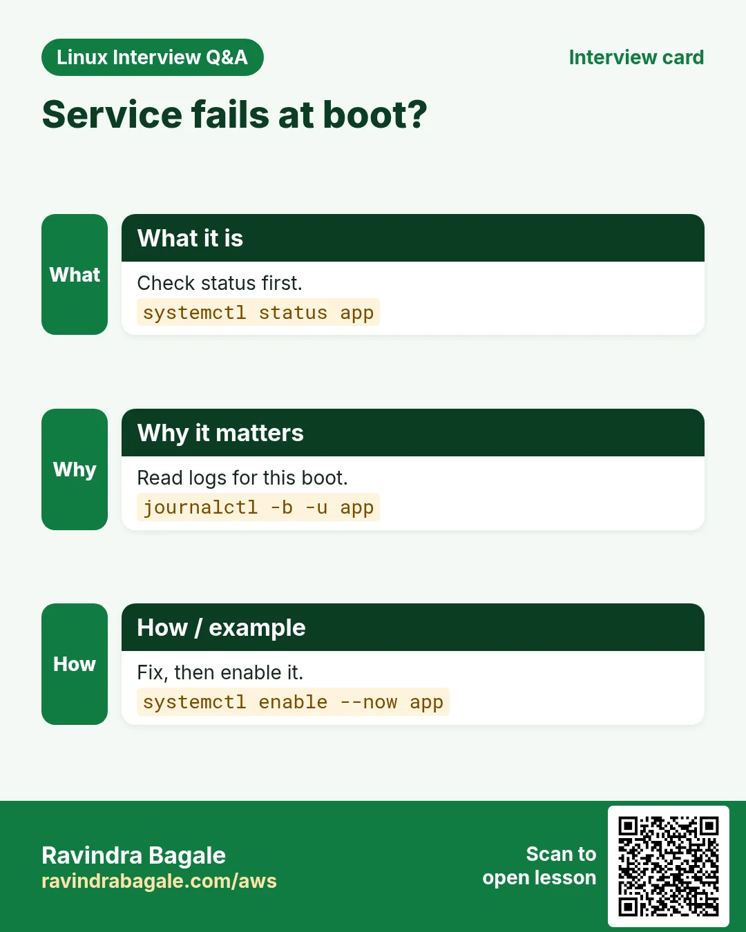 Service fails at boot?. Check status first. Read logs for this boot. Fix, then enable it.