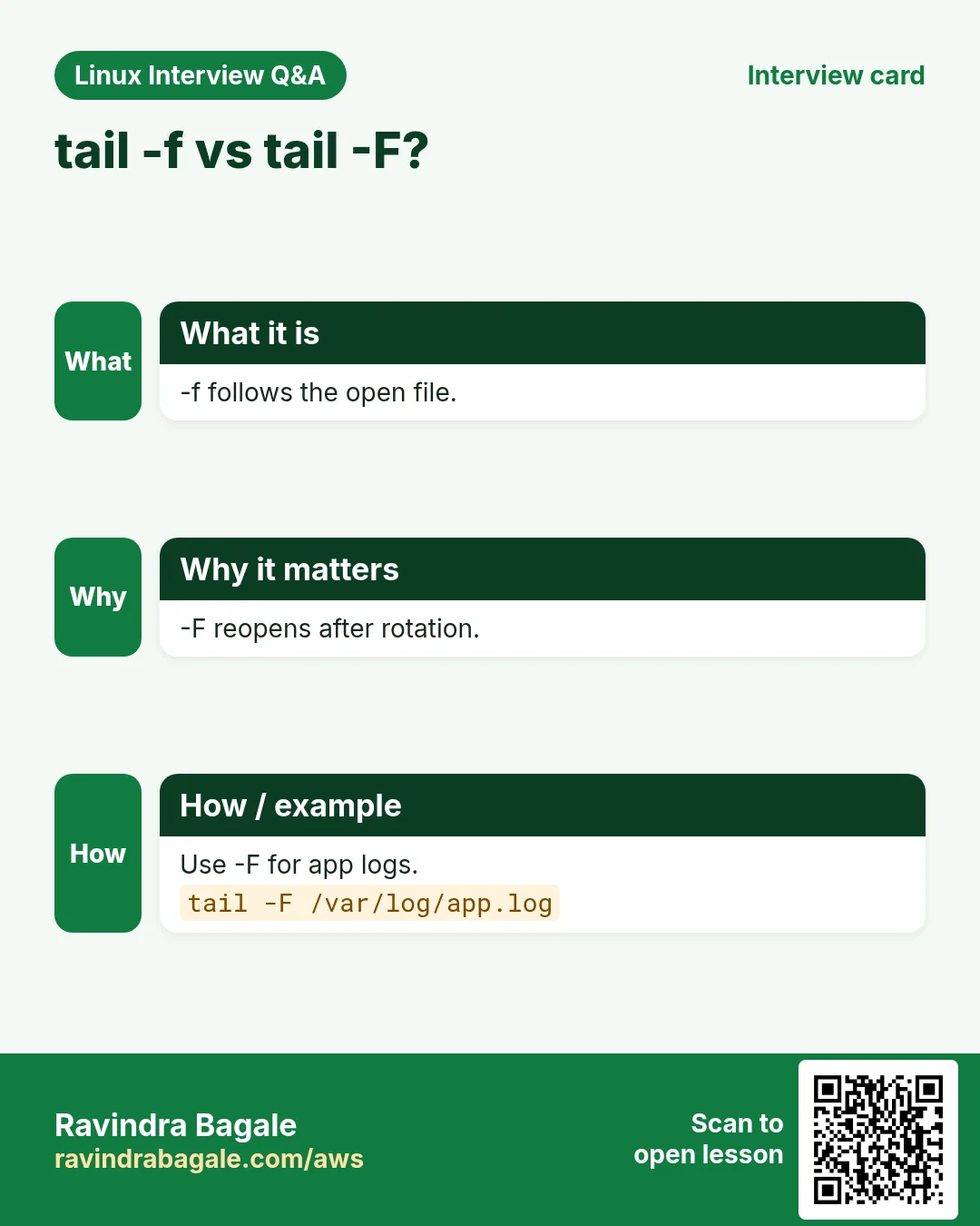 tail -f vs tail -F?. -f follows the open file. -F reopens after rotation. Use -F for app logs.