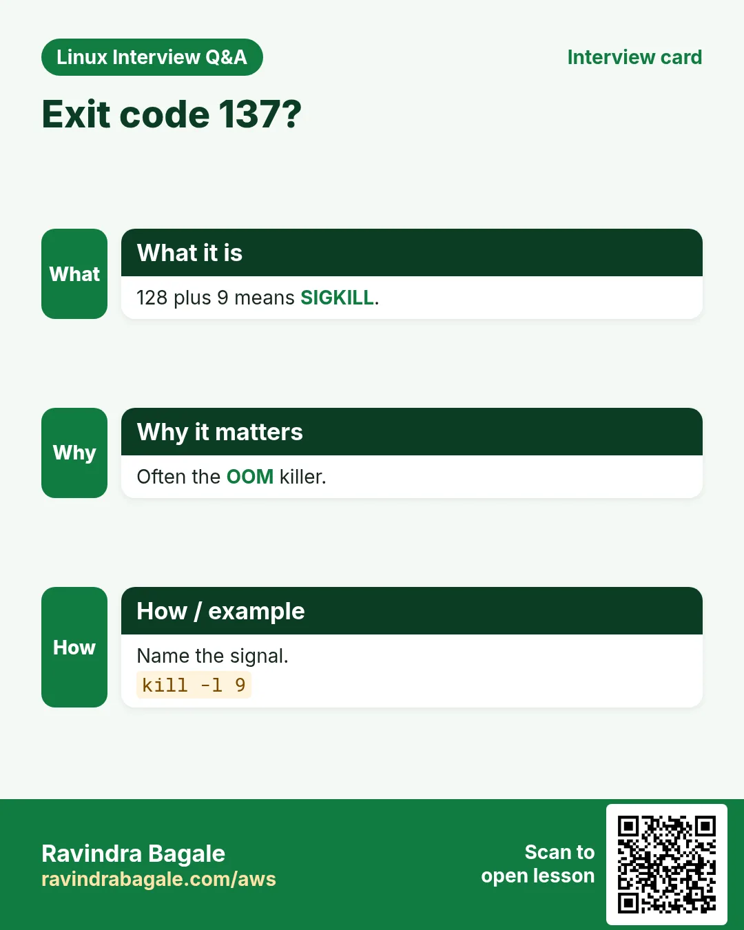 Exit code 137?. 128 plus 9 means SIGKILL. Often the OOM killer. Name the signal.