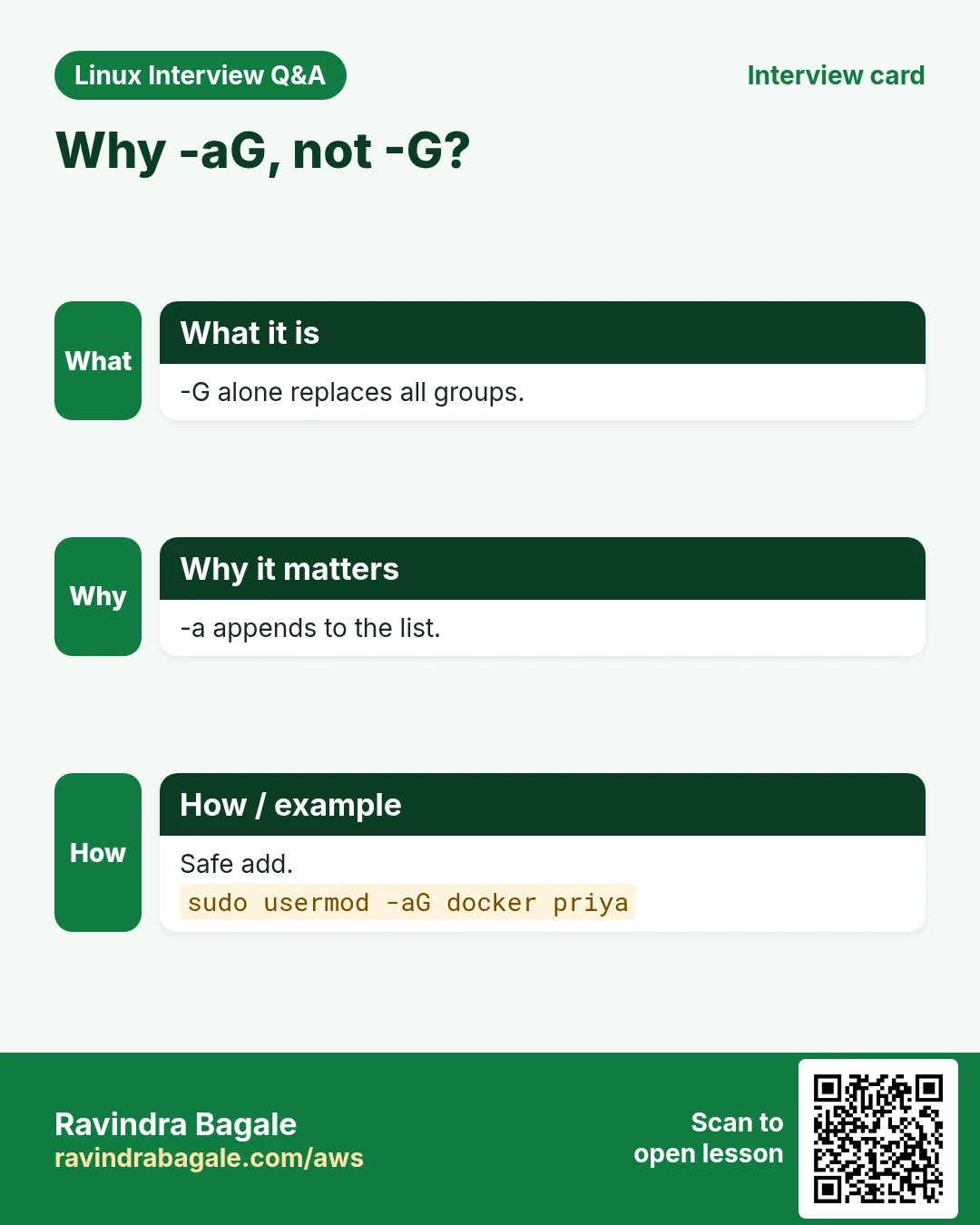 Why -aG, not -G?. -G alone replaces all groups. -a appends to the list. Safe add.