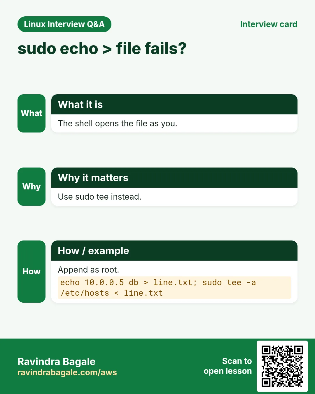 sudo echo > file fails?. The shell opens the file as you. Use sudo tee instead. Append as root.