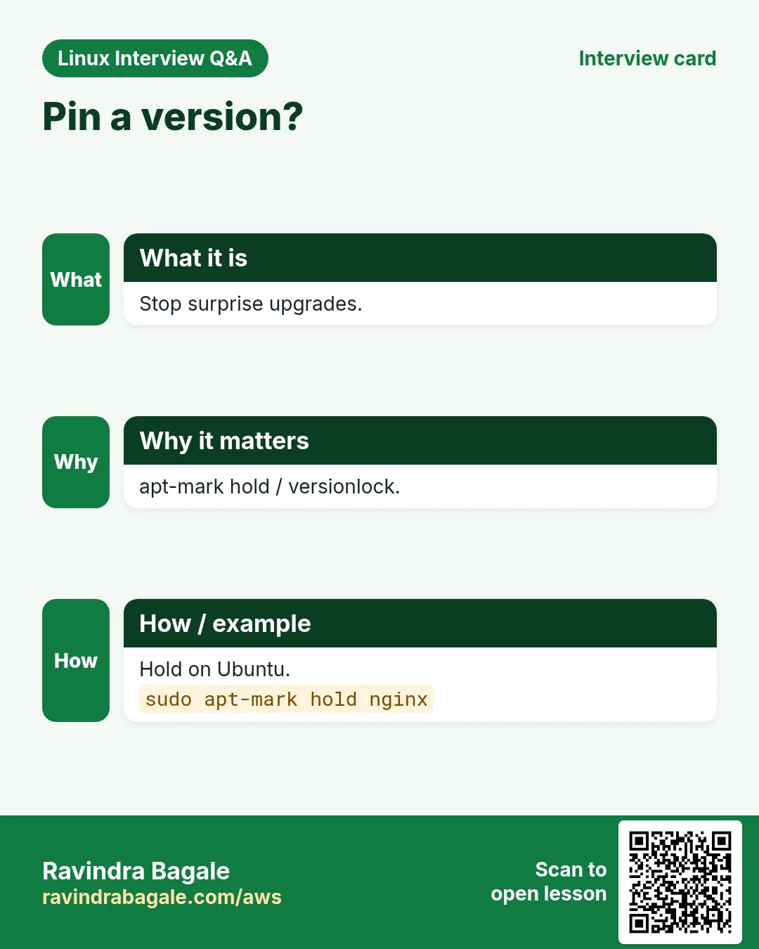 Pin a version?. Stop surprise upgrades. apt-mark hold / versionlock. Hold on Ubuntu.