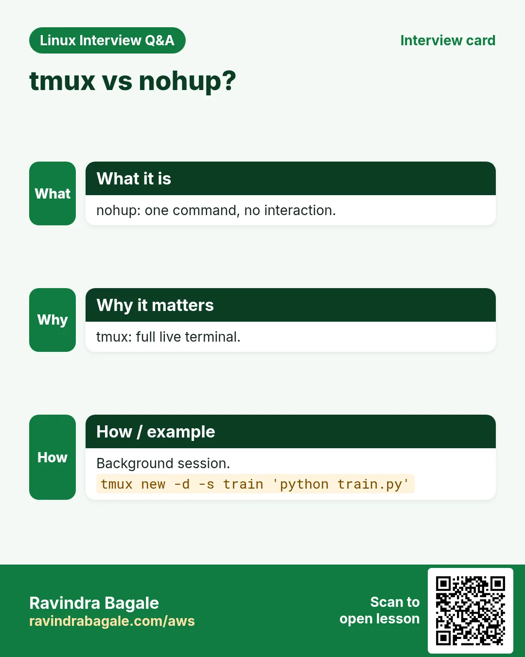tmux vs nohup?. nohup: one command, no interaction. tmux: full live terminal. Background session.