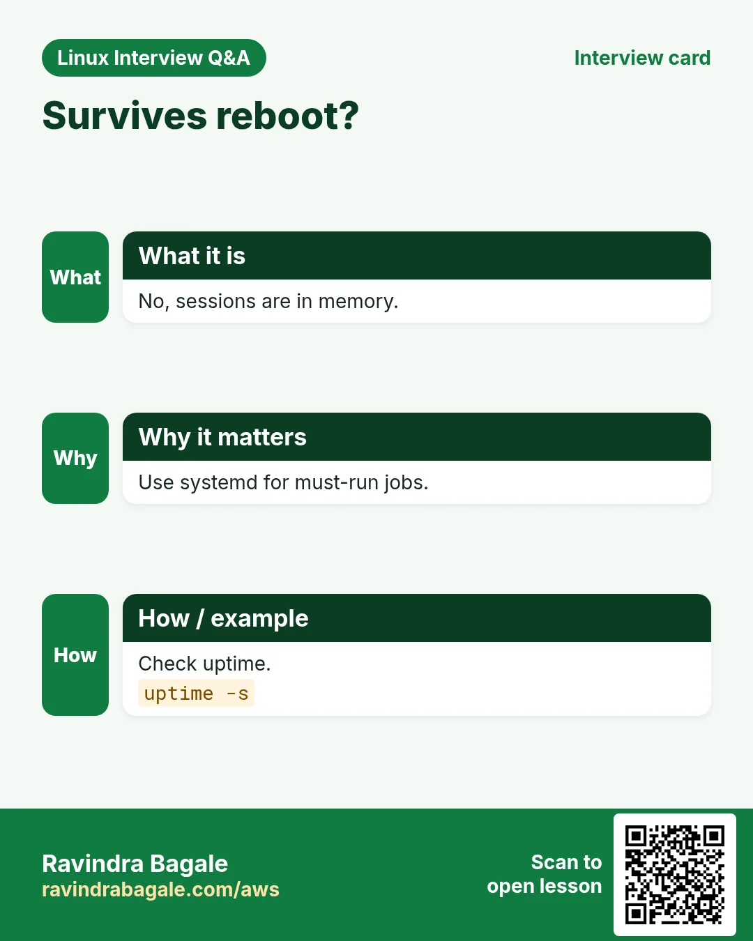 Survives reboot?. No, sessions are in memory. Use systemd for must-run jobs. Check uptime.