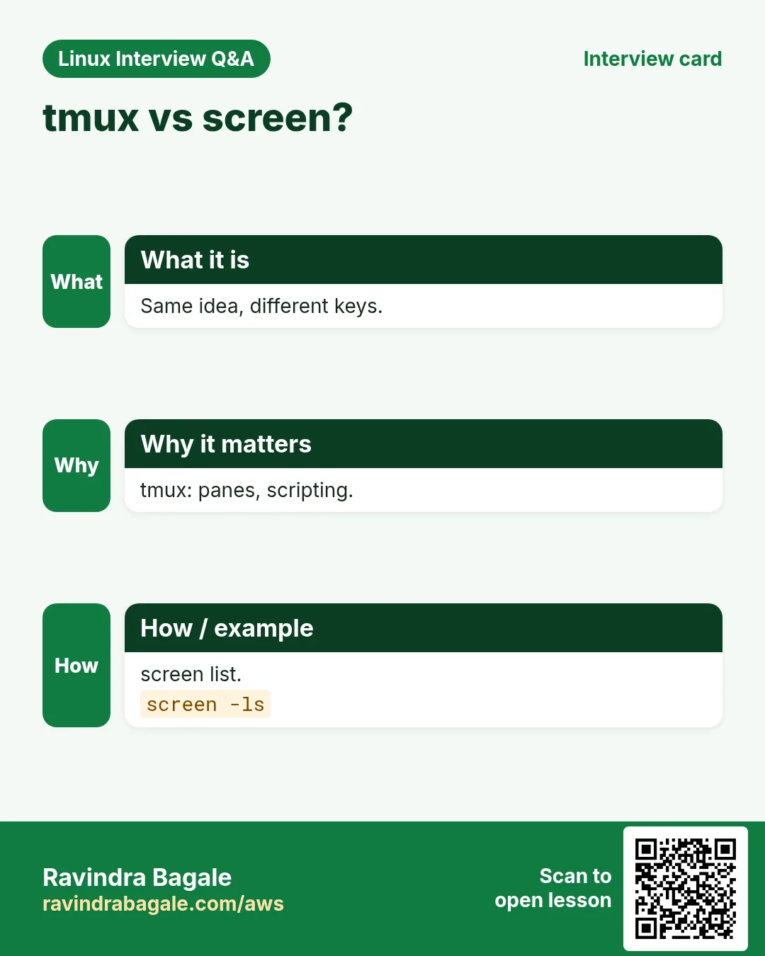 tmux vs screen?. Same idea, different keys. tmux: panes, scripting. screen list.