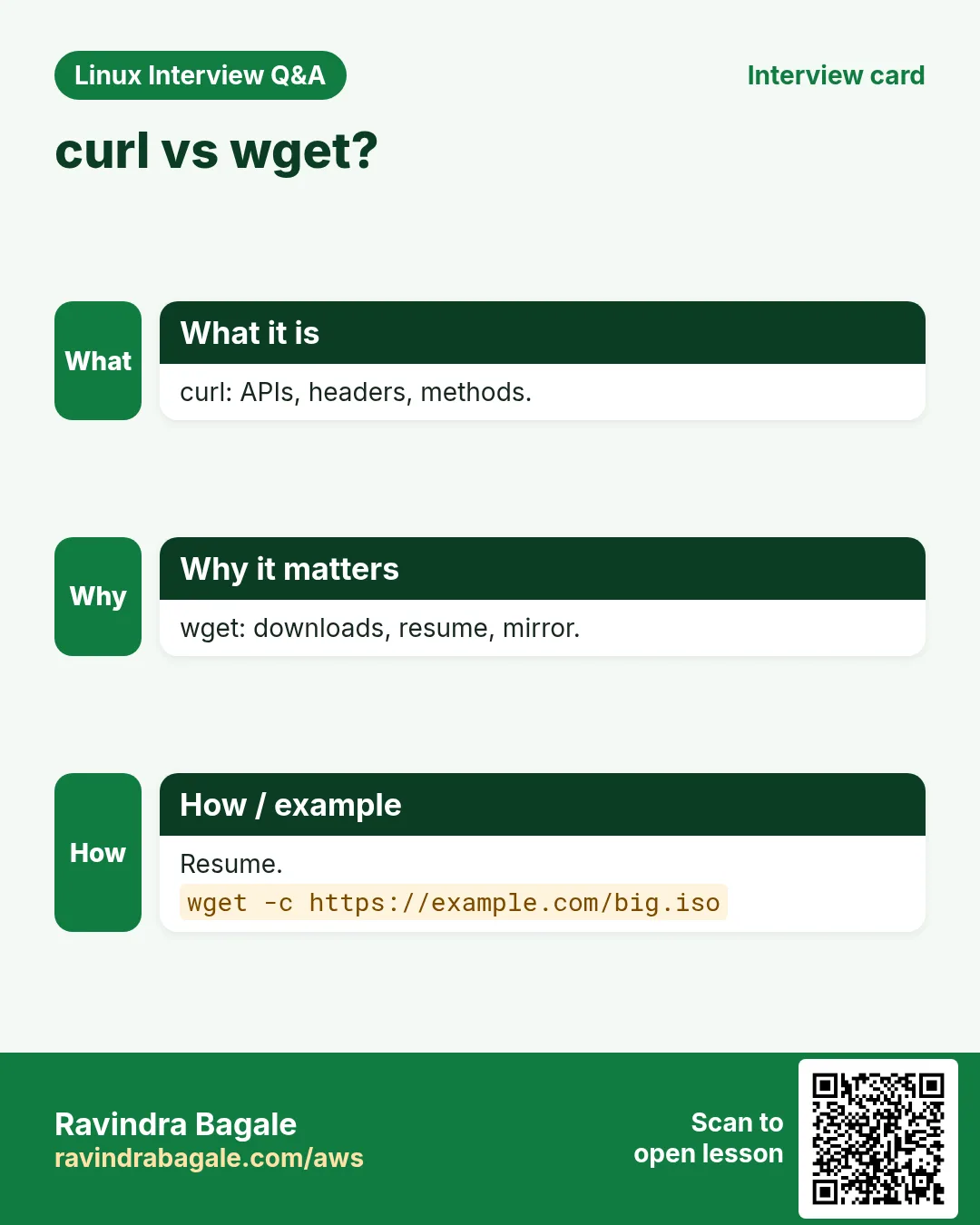 curl vs wget?. curl: APIs, headers, methods. wget: downloads, resume, mirror. Resume.
