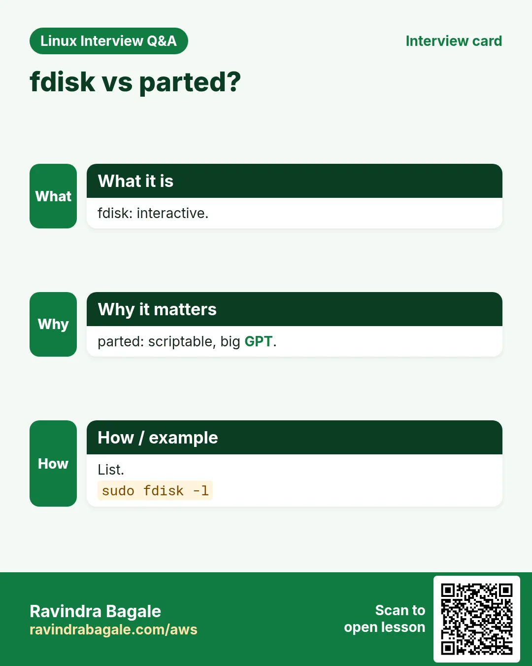 fdisk vs parted?. fdisk: interactive. parted: scriptable, big GPT. List.
