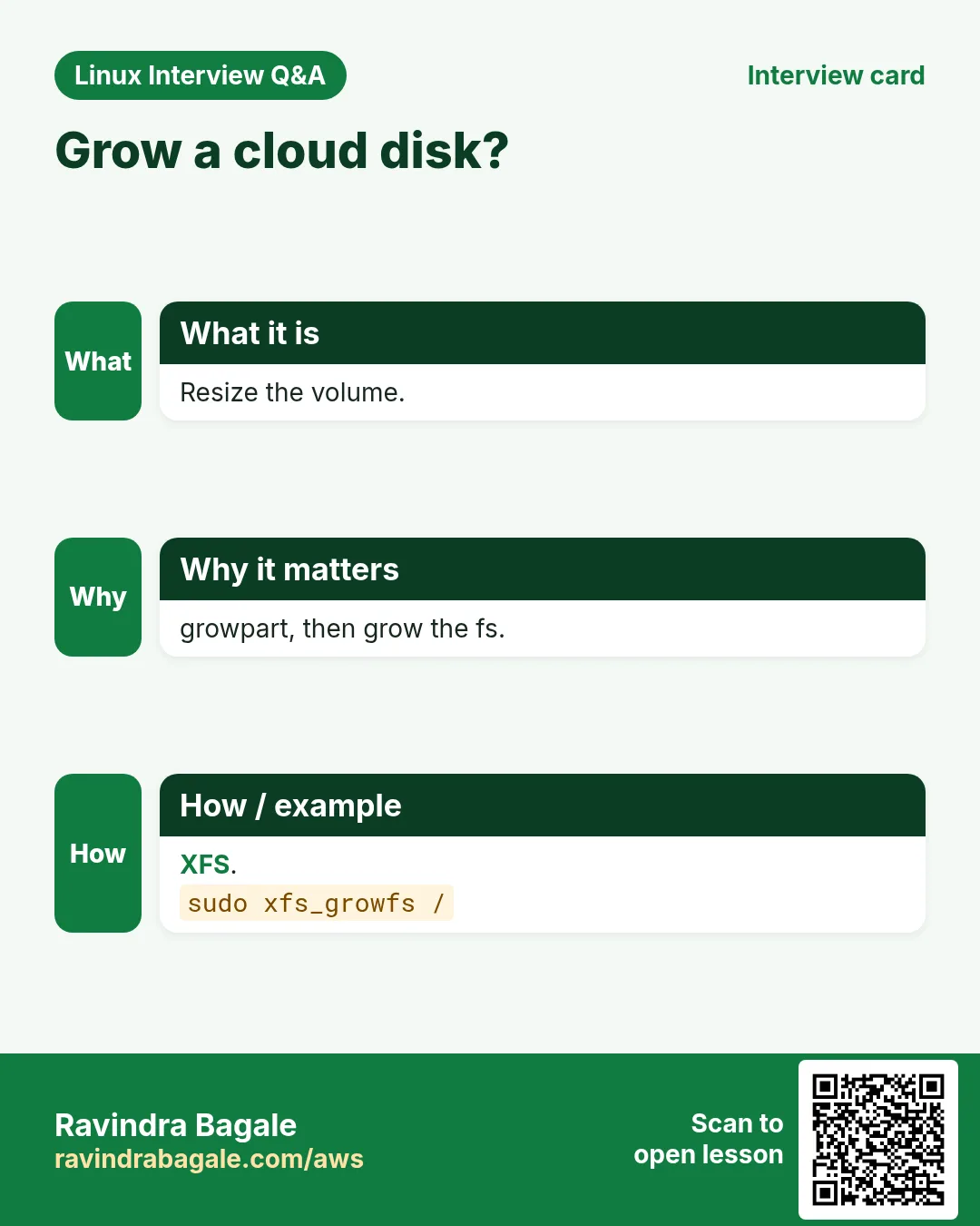 Grow a cloud disk?. Resize the volume. growpart, then grow the fs. XFS.