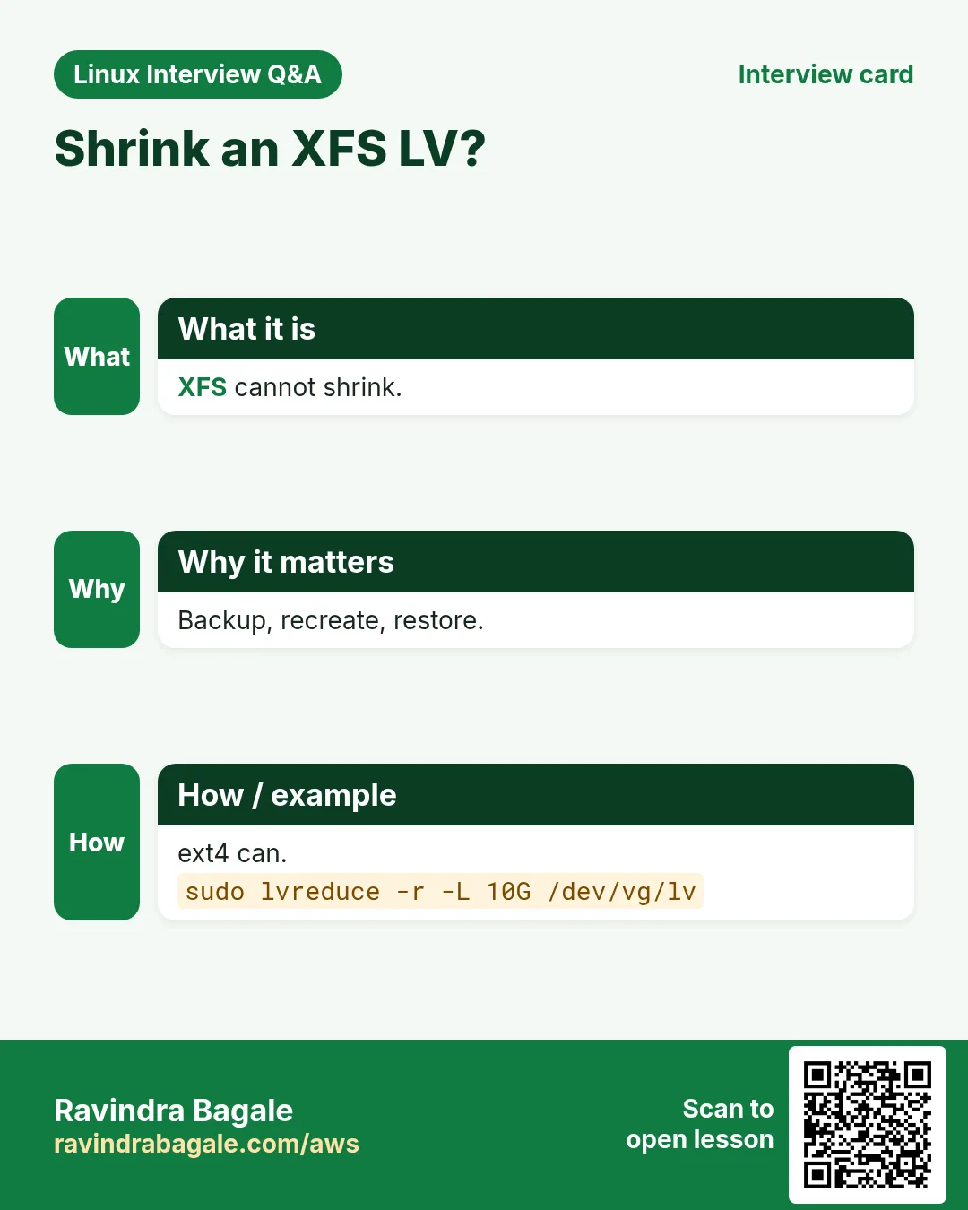 Shrink an XFS LV?. XFS cannot shrink. Backup, recreate, restore. ext4 can.