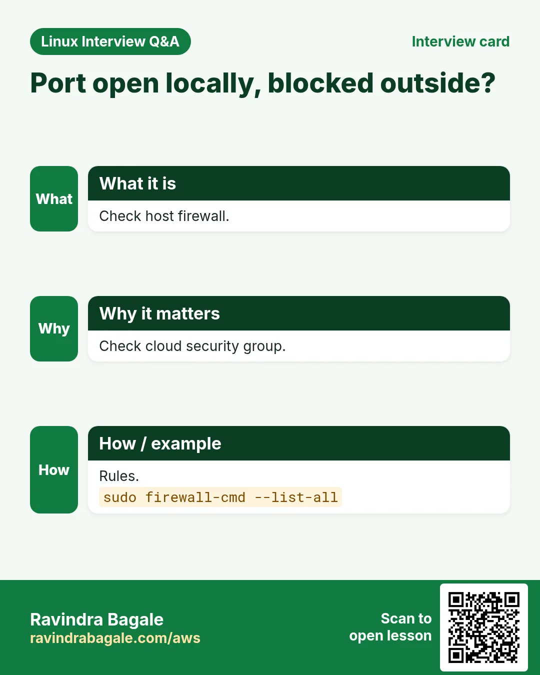 Port open locally, blocked outside?. Check host firewall. Check cloud security group. Rules.
