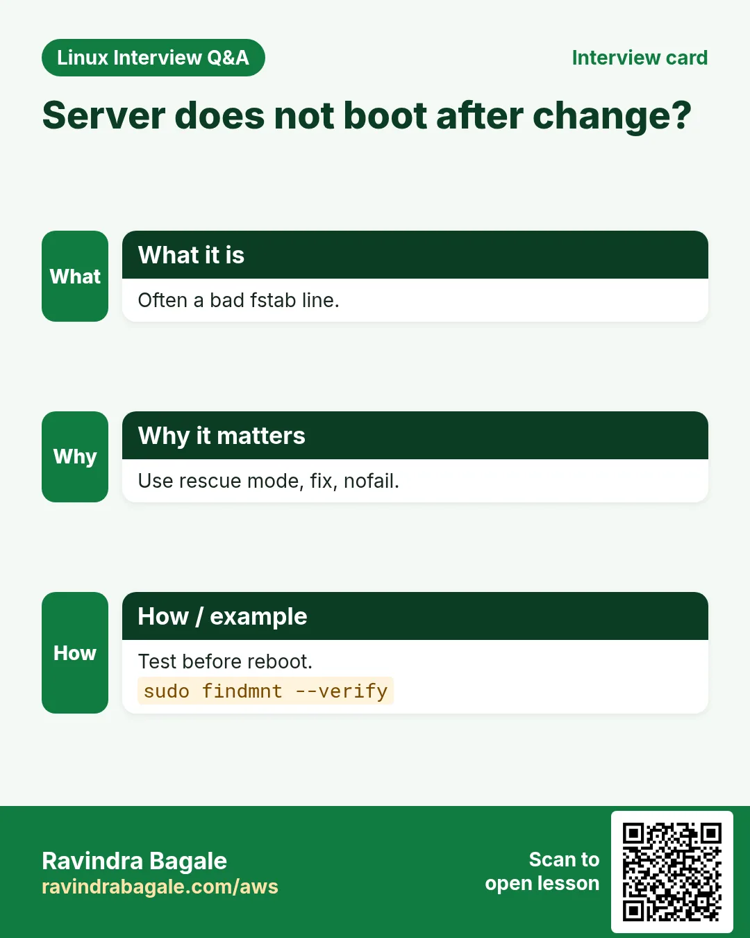 Server does not boot after change?. Often a bad fstab line. Use rescue mode, fix, nofail. Test before reboot.