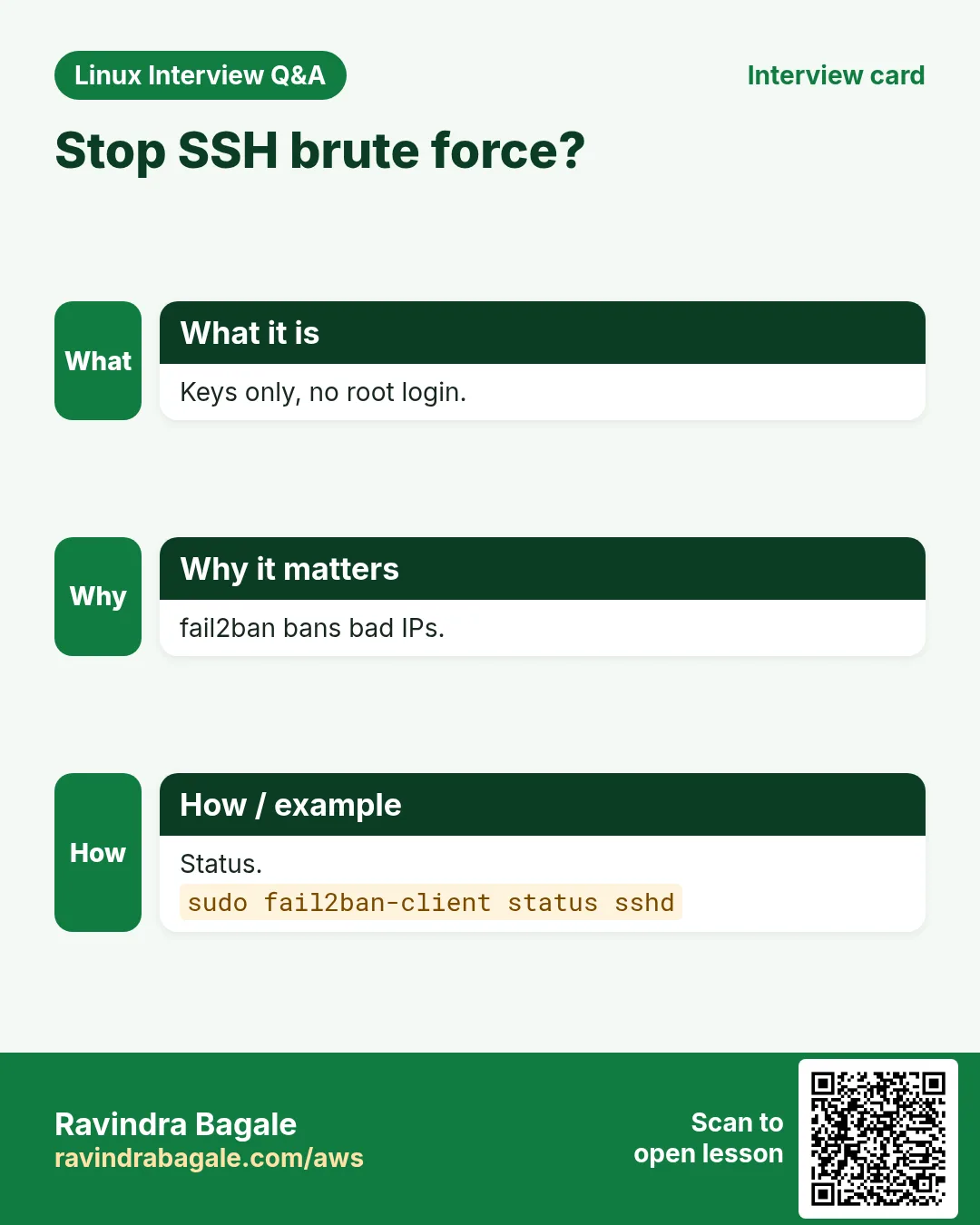 Stop SSH brute force?. Keys only, no root login. fail2ban bans bad IPs. Status.