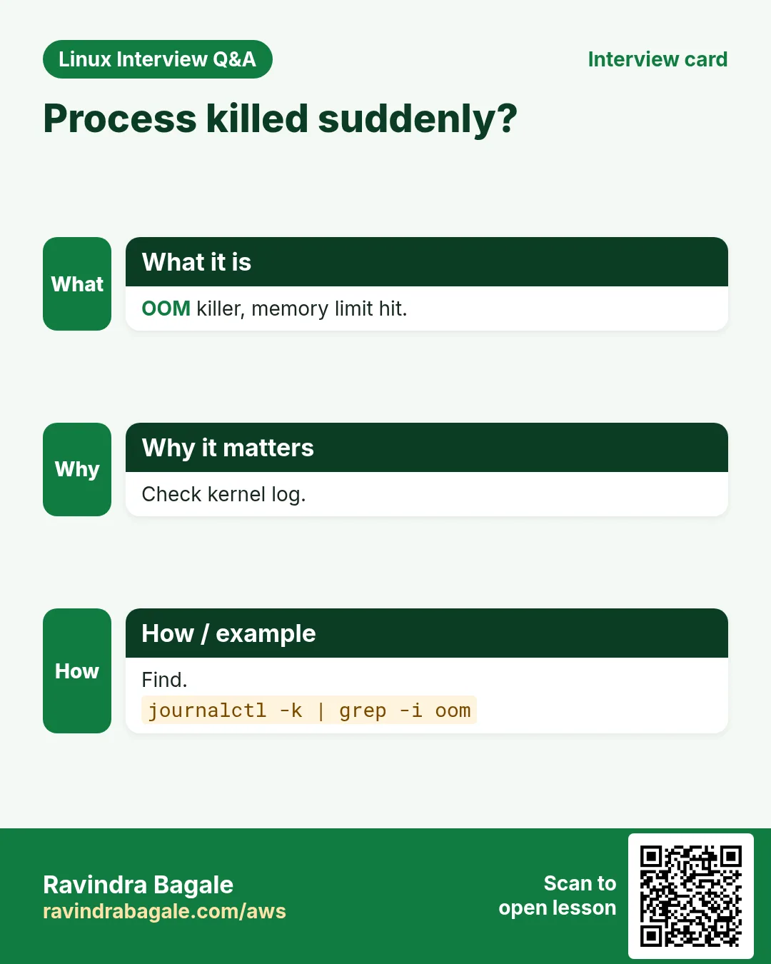 Process killed suddenly?. OOM killer, memory limit hit. Check kernel log. Find.