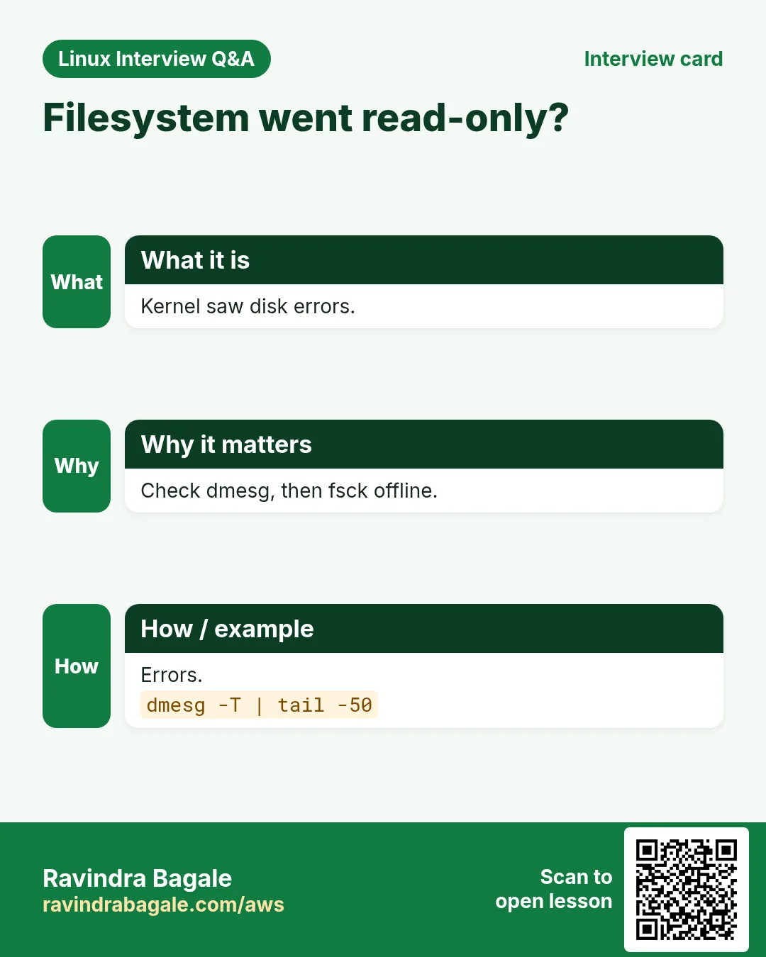 Filesystem went read-only?. Kernel saw disk errors. Check dmesg, then fsck offline. Errors.