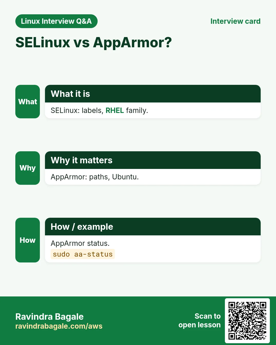 SELinux vs AppArmor?. SELinux: labels, RHEL family. AppArmor: paths, Ubuntu. AppArmor status.