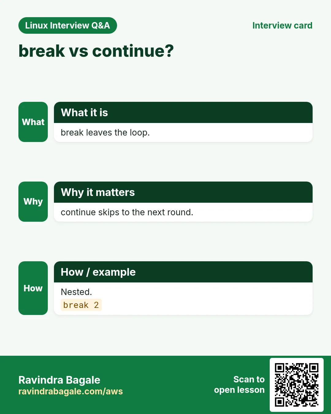 break vs continue?. break leaves the loop. continue skips to the next round. Nested.