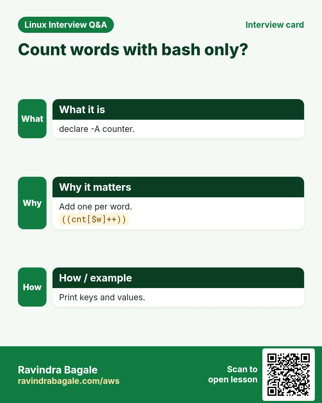 Count words with bash only?. declare -A counter. Add one per word. Print keys and values.