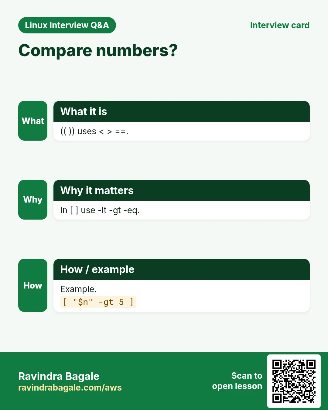 Compare numbers?. (( )) uses < > ==. In [ ] use -lt -gt -eq. Example.