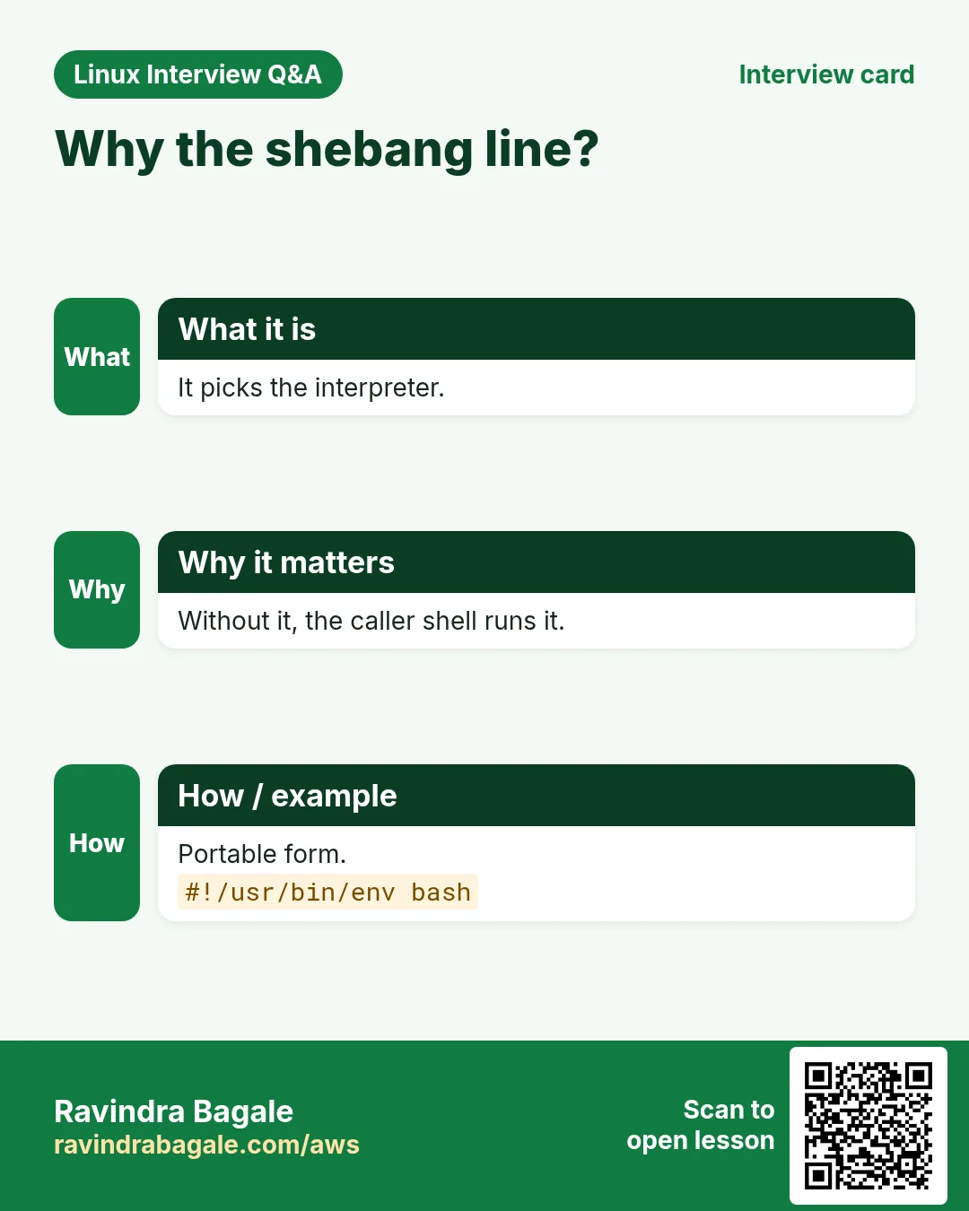 Why the shebang line?. It picks the interpreter. Without it, the caller shell runs it. Portable form.