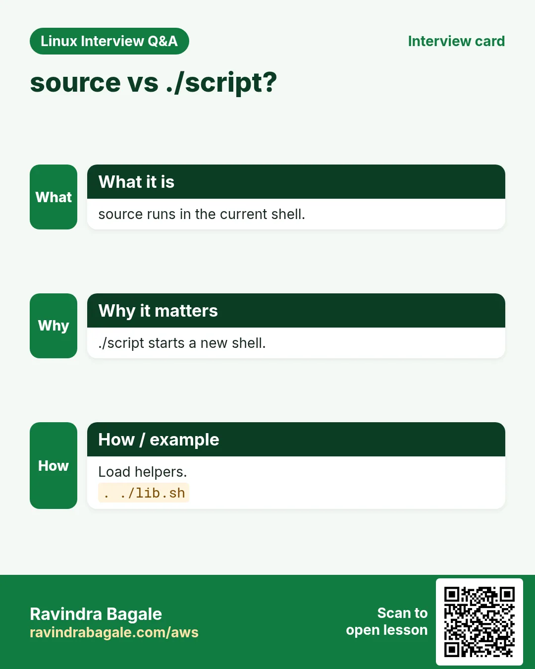 source vs ./script?. source runs in the current shell. ./script starts a new shell. Load helpers.