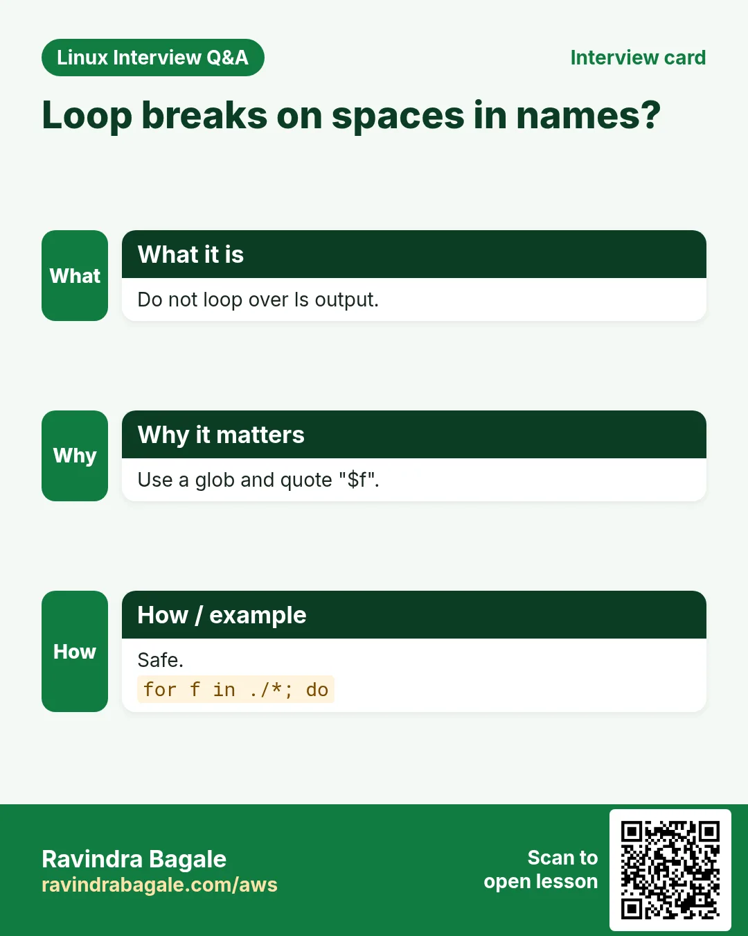 Loop breaks on spaces in names?. Do not loop over ls output. Use a glob and quote "$f". Safe.