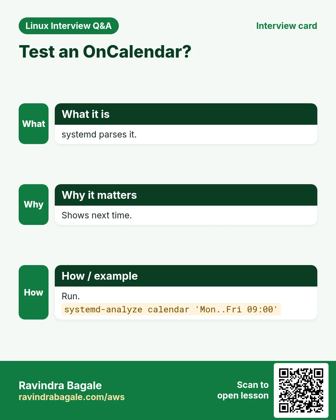 Test an OnCalendar?. systemd parses it. Shows next time. Run.