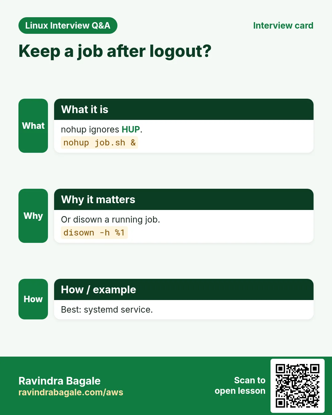 Keep a job after logout?. nohup ignores HUP. Or disown a running job. Best: systemd service.