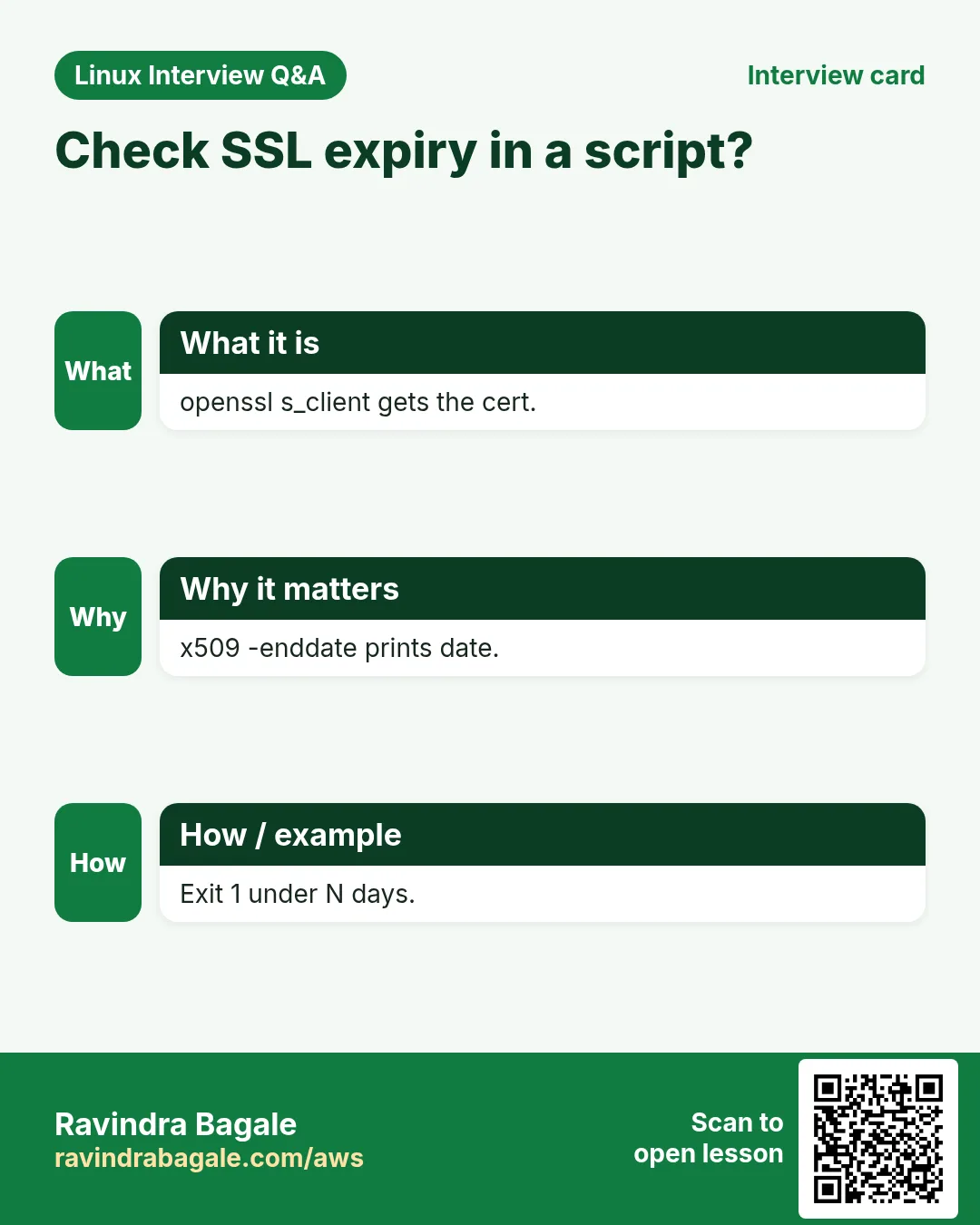 Check SSL expiry in a script?. openssl s_client gets the cert. x509 -enddate prints date. Exit 1 under N days.