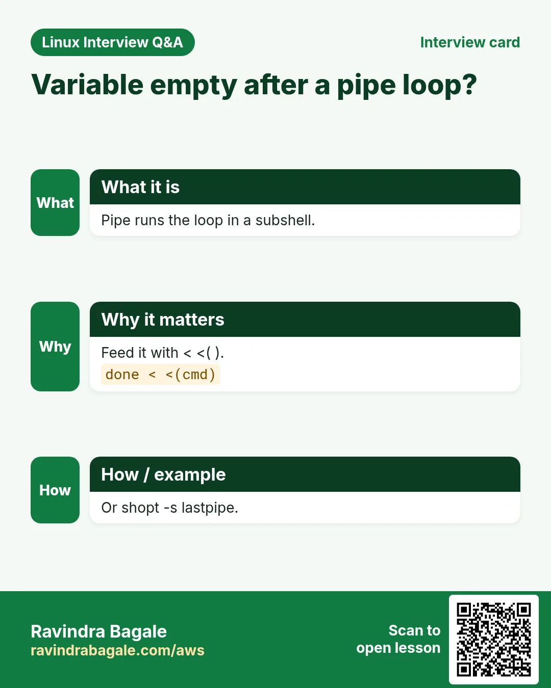 Variable empty after a pipe loop?. Pipe runs the loop in a subshell. Feed it with < <( ). Or shopt -s lastpipe.