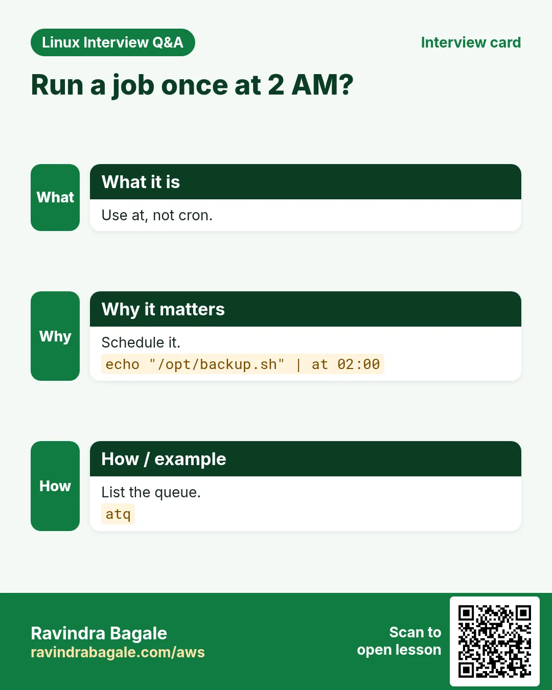 Run a job once at 2 AM?. Use at, not cron. Schedule it. List the queue.