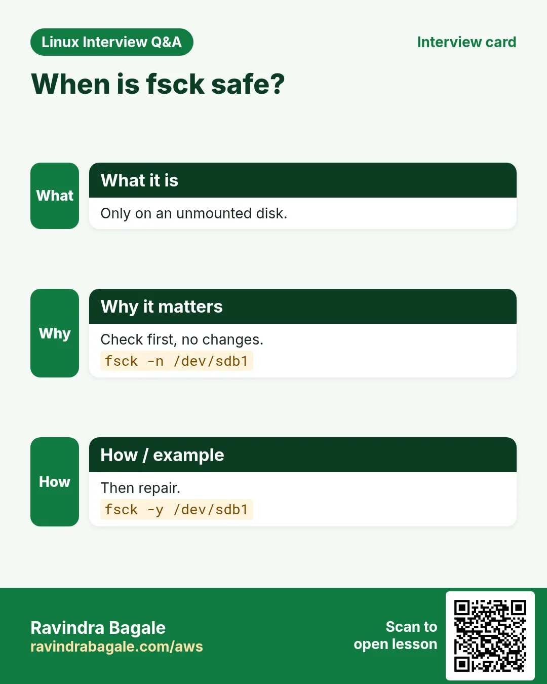 When is fsck safe?. Only on an unmounted disk. Check first, no changes. Then repair.