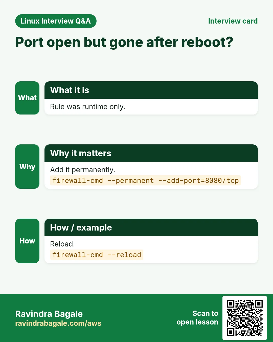 Port open but gone after reboot?. Rule was runtime only. Add it permanently. Reload.