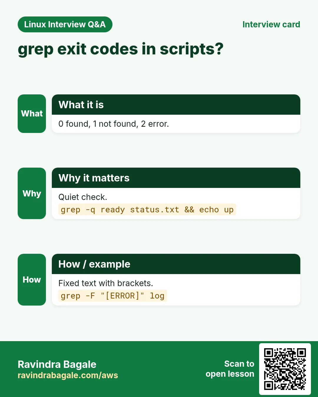 grep exit codes in scripts?. 0 found, 1 not found, 2 error. Quiet check. Fixed text with brackets.
